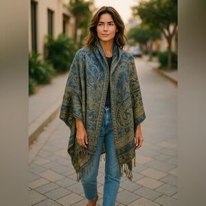 Pashmina jacquard shawl NIP new in package Indie style blues with gold tones